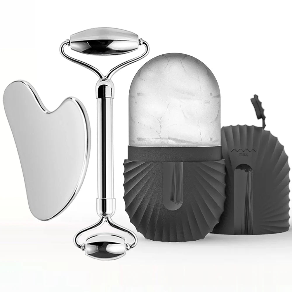 Facial Skincare Ice Roller Trio - — Stainless-Steel Roller, Gua Sha & Refillable Ice Mould