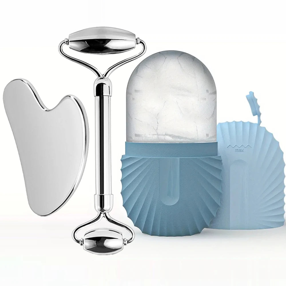 Facial Skincare Ice Roller Trio - — Stainless-Steel Roller, Gua Sha & Refillable Ice Mould