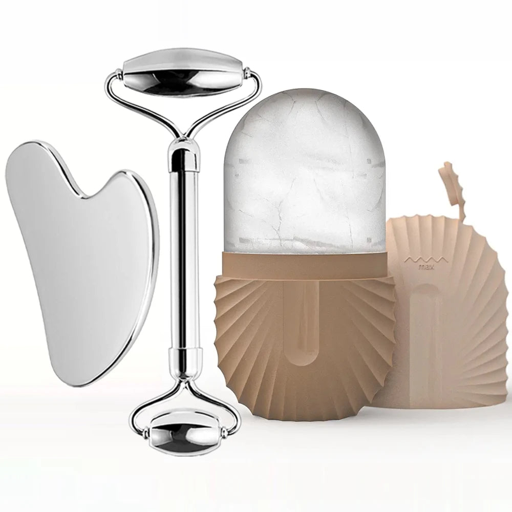 Facial Skincare Ice Roller Trio - — Stainless-Steel Roller, Gua Sha & Refillable Ice Mould
