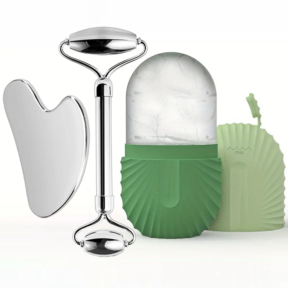 Facial Skincare Ice Roller Trio - — Stainless-Steel Roller, Gua Sha & Refillable Ice Mould