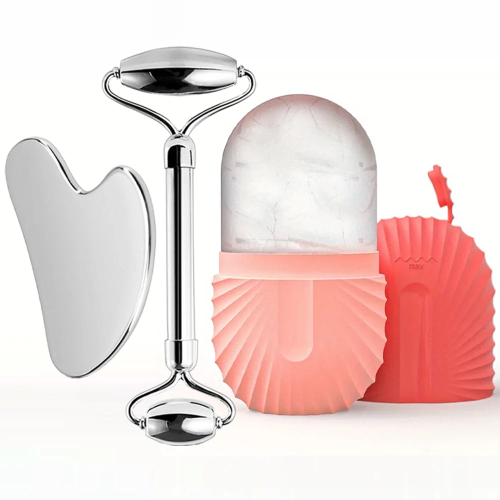 Facial Skincare Ice Roller Trio - — Stainless-Steel Roller, Gua Sha & Refillable Ice Mould