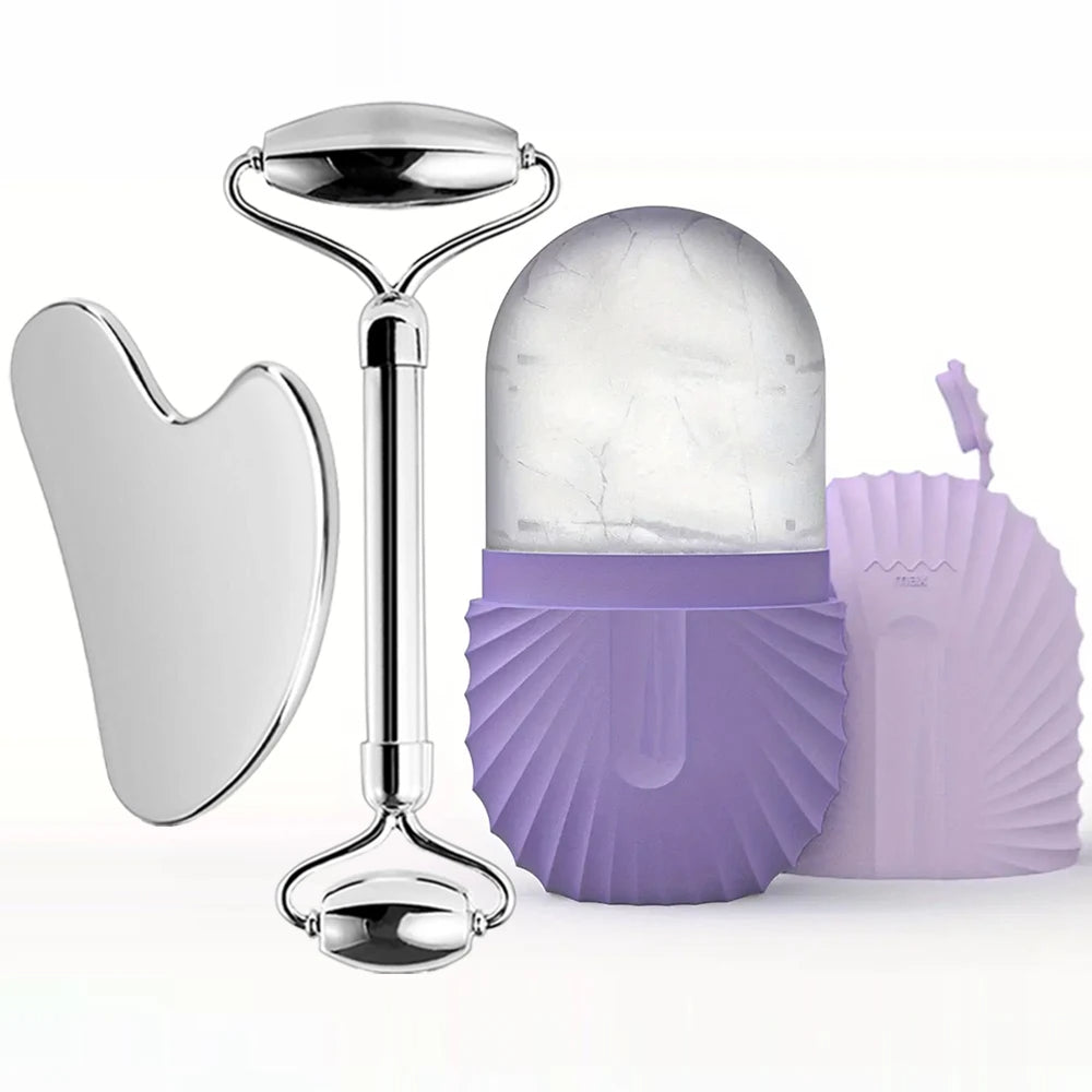 Facial Skincare Ice Roller Trio - — Stainless-Steel Roller, Gua Sha & Refillable Ice Mould