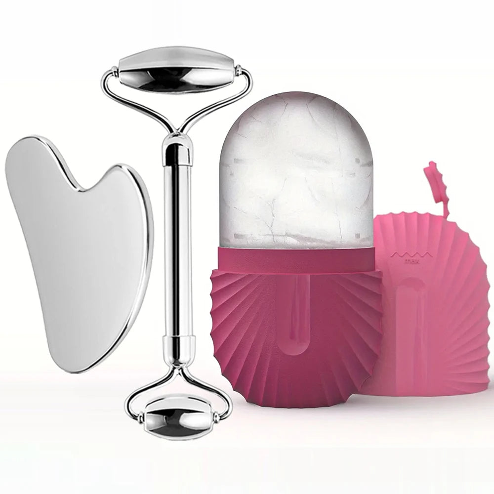 Facial Skincare Ice Roller Trio - — Stainless-Steel Roller, Gua Sha & Refillable Ice Mould
